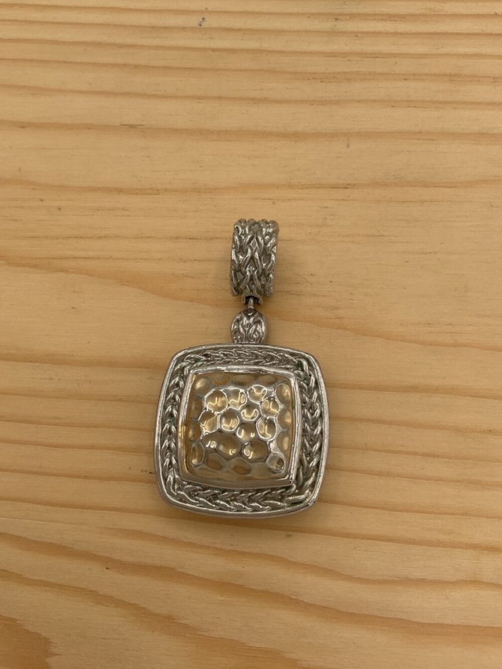 Hammered Cushion Square Statement Pendant Enhancer Two Tone Silver Gold Tone